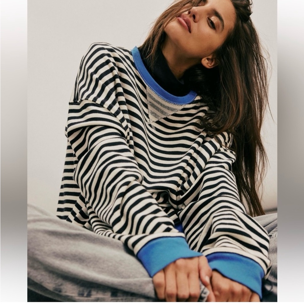 We The Free Black and White Striped Sweatshirt with Blue Accents